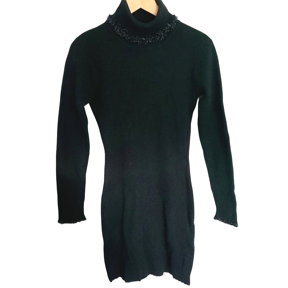 Vintage Black Tinsel Trim Bodycon Mini Lambswool Turtleneck‎ Sweater Dress XS